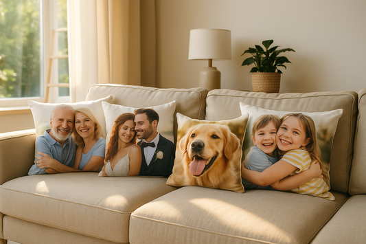 Cozy living room with custom photo pillows displaying family portraits.