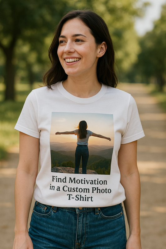 Close-up of personalized photo t-shirt symbolizing motivation and inspiration