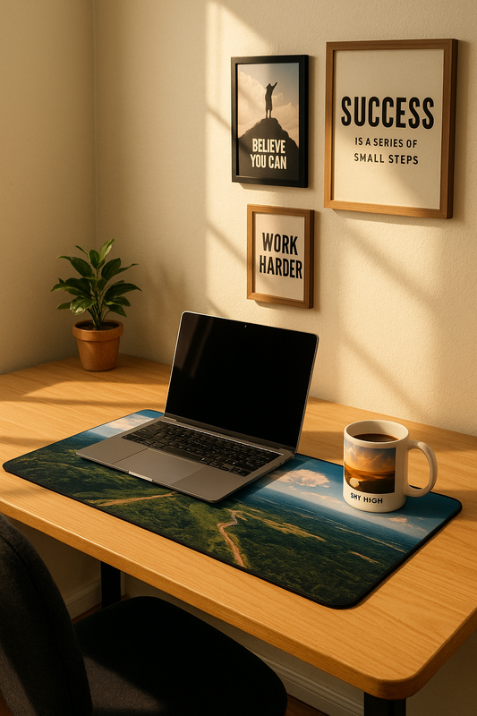 Custom mouse pad and desk mat with family photo, styled on a clean workspace.
