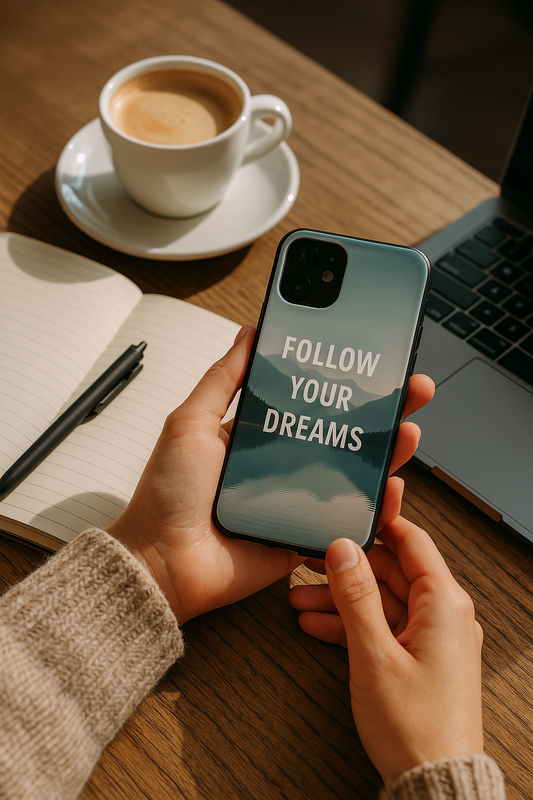 Custom phone case with inspirational photo design on table beside journal