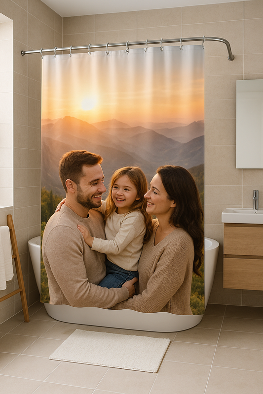 Custom photo shower curtain featuring mountain sunrise in modern bathroom