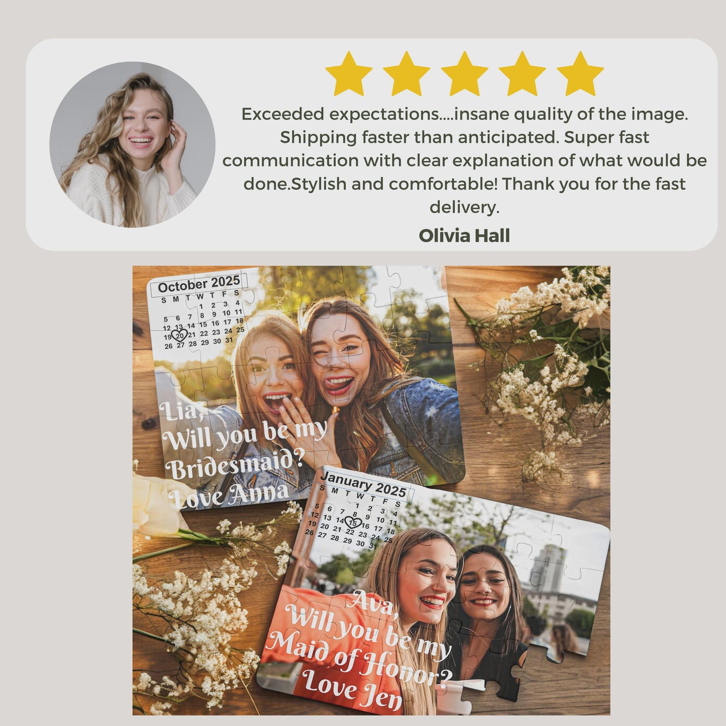 Custom photo jigsaw puzzle on table with family assembling pieces