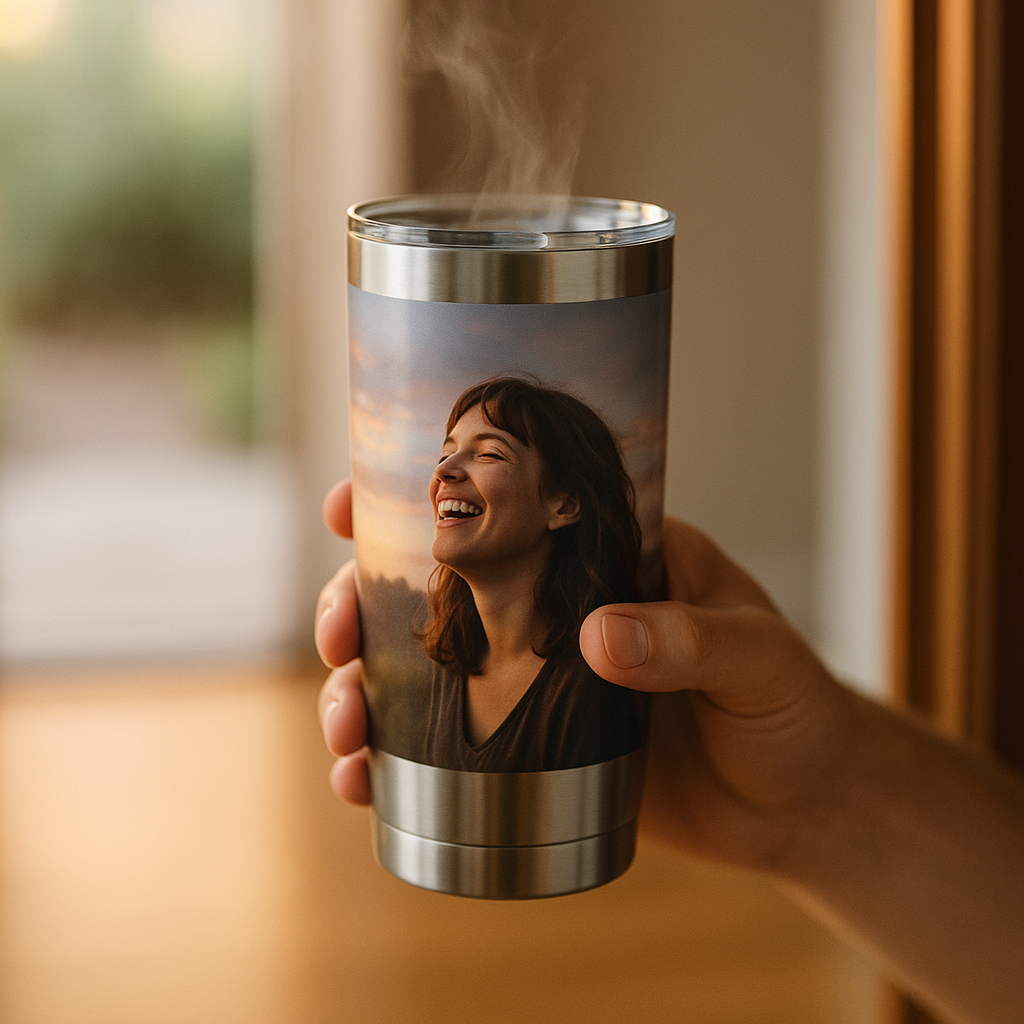 Hands holding a stainless steel custom photo tumbler, steam rising, sunrise window light