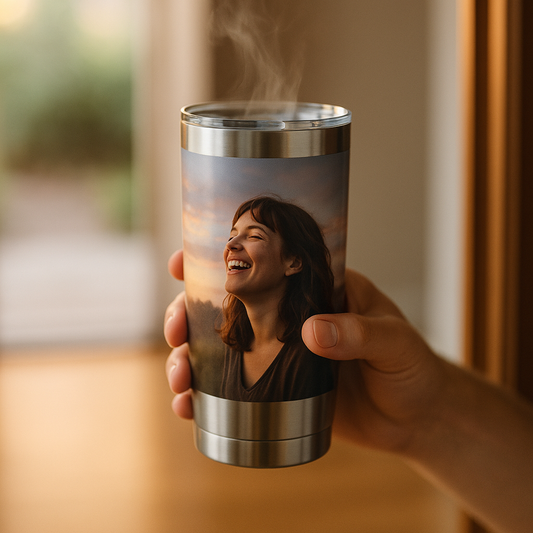 Hands holding a stainless steel custom photo tumbler, steam rising, sunrise window light