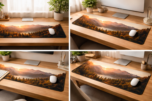 Custom photo desk mat on wood desk with keyboard and mouse, edge-to-edge print