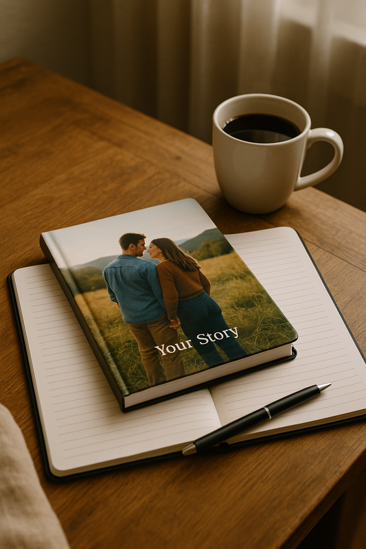 Custom photo notebook with personalized cover on a wooden desk with pen
