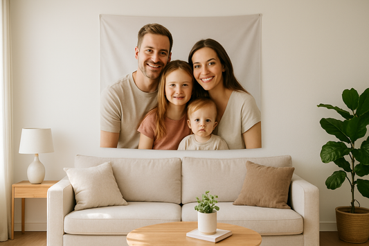 Custom photo tapestry print—high-resolution family image centered with safe crop and bright exposure on living room wall