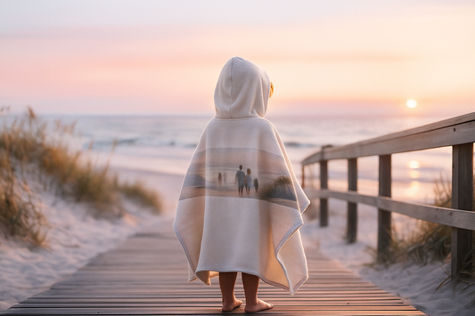 Child in personalized photo hooded towel on sunny beach boardwalk, vivid edge-to-edge print