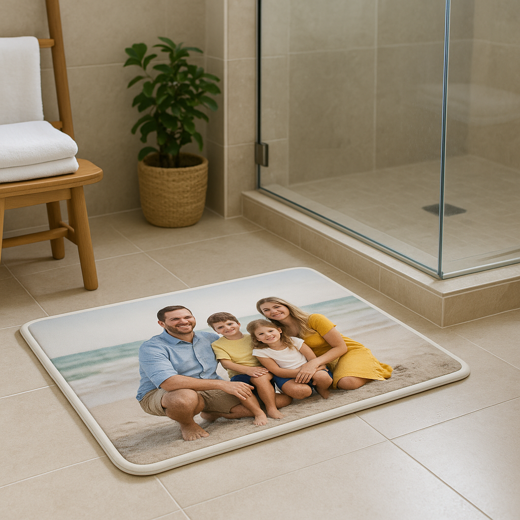 Custom photo bath mat with memory foam and non-slip backing, printed family beach photo in modern spa bathroom