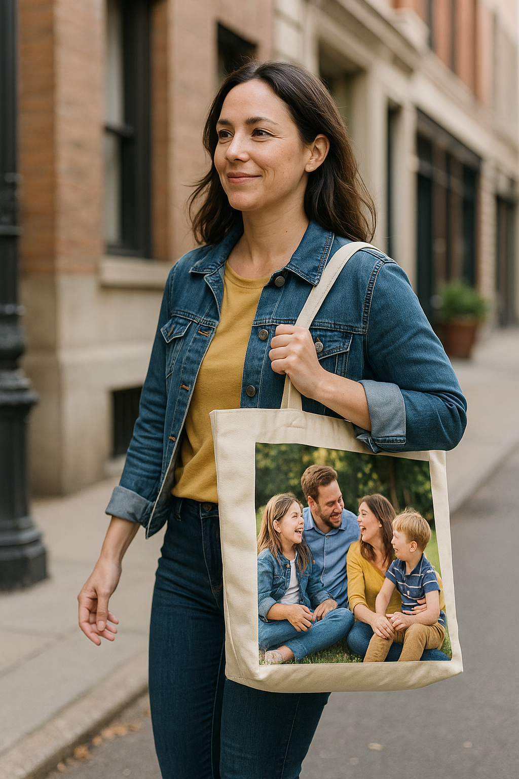 Woman carrying a custom photo tote bag with a family picture while walking through a city street