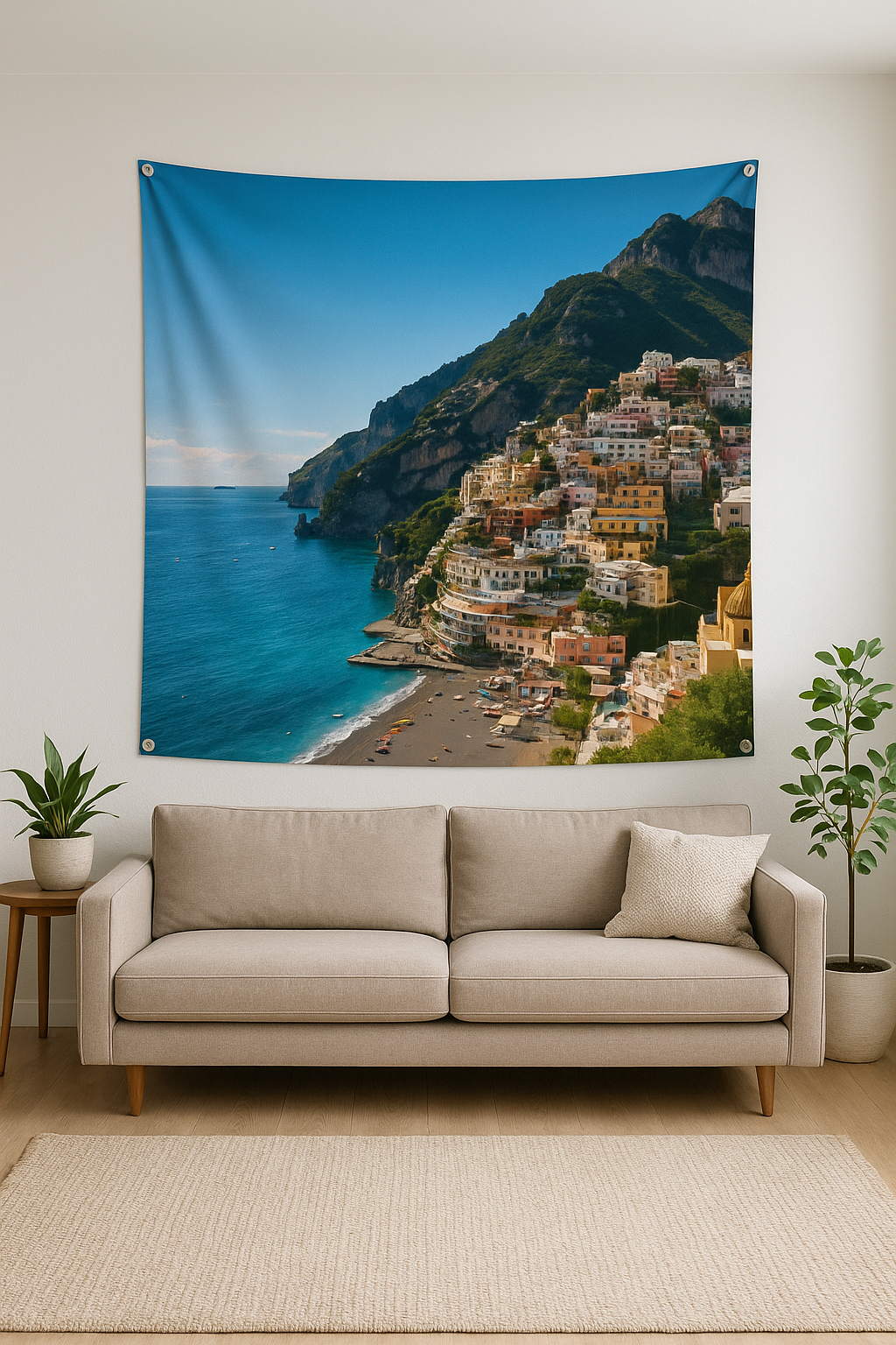 Custom photo tapestry with edge-to-edge print and corner grommets hanging above a sofa