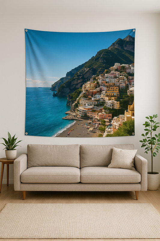 Custom photo tapestry with edge-to-edge print and corner grommets hanging above a sofa