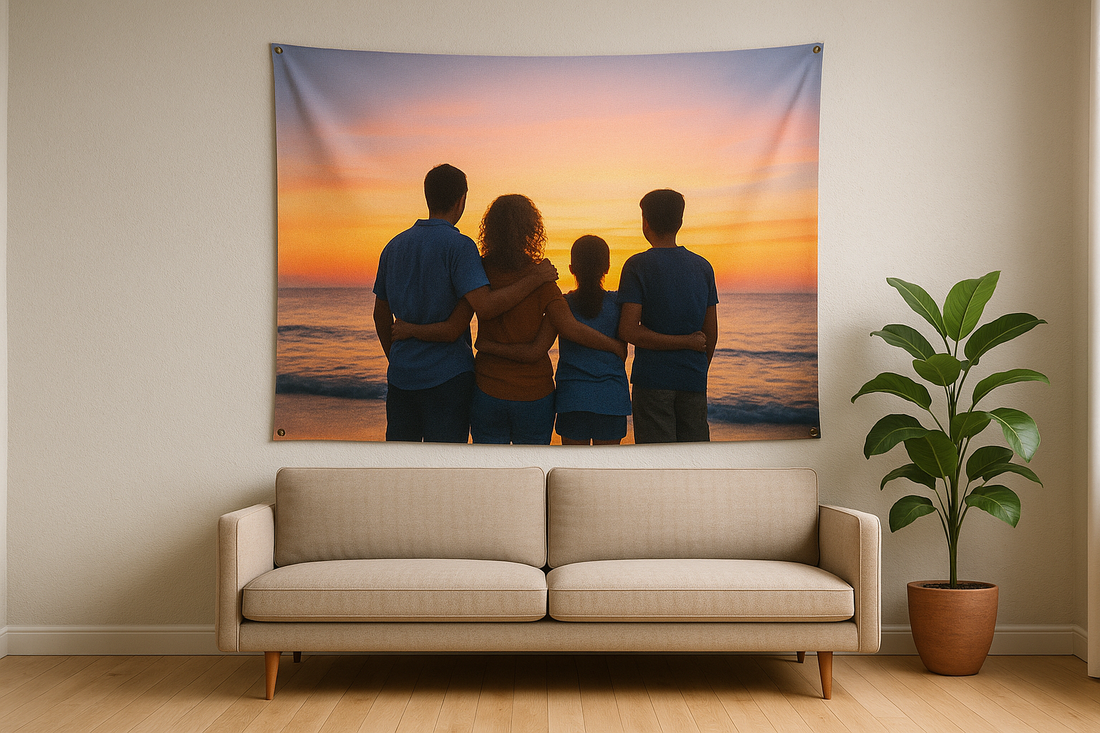 Custom photo tapestry hanging in bright living room—soft fabric, vivid print, family smiling, natural light on textured wall.