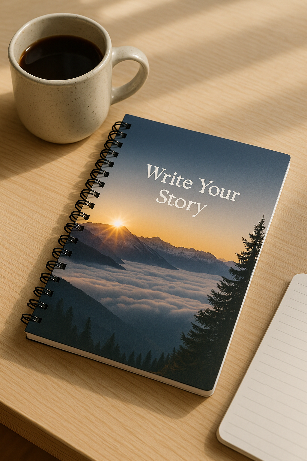 Custom photo notebook with mountain sunrise cover on wooden desk