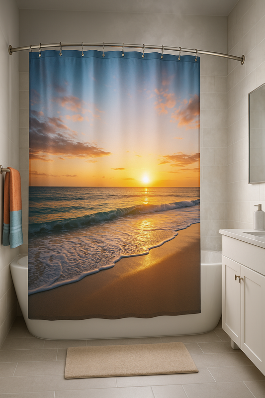 Custom photo shower curtain with beach sunrise in bright, modern bathroom