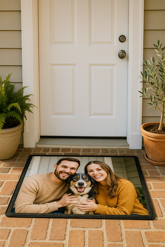 Custom photo doormat with family picture on a cozy front porch entryway