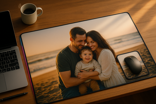 Custom photo desk mat and personalized mouse pad on a clean workspace, soft morning light, focused workflow