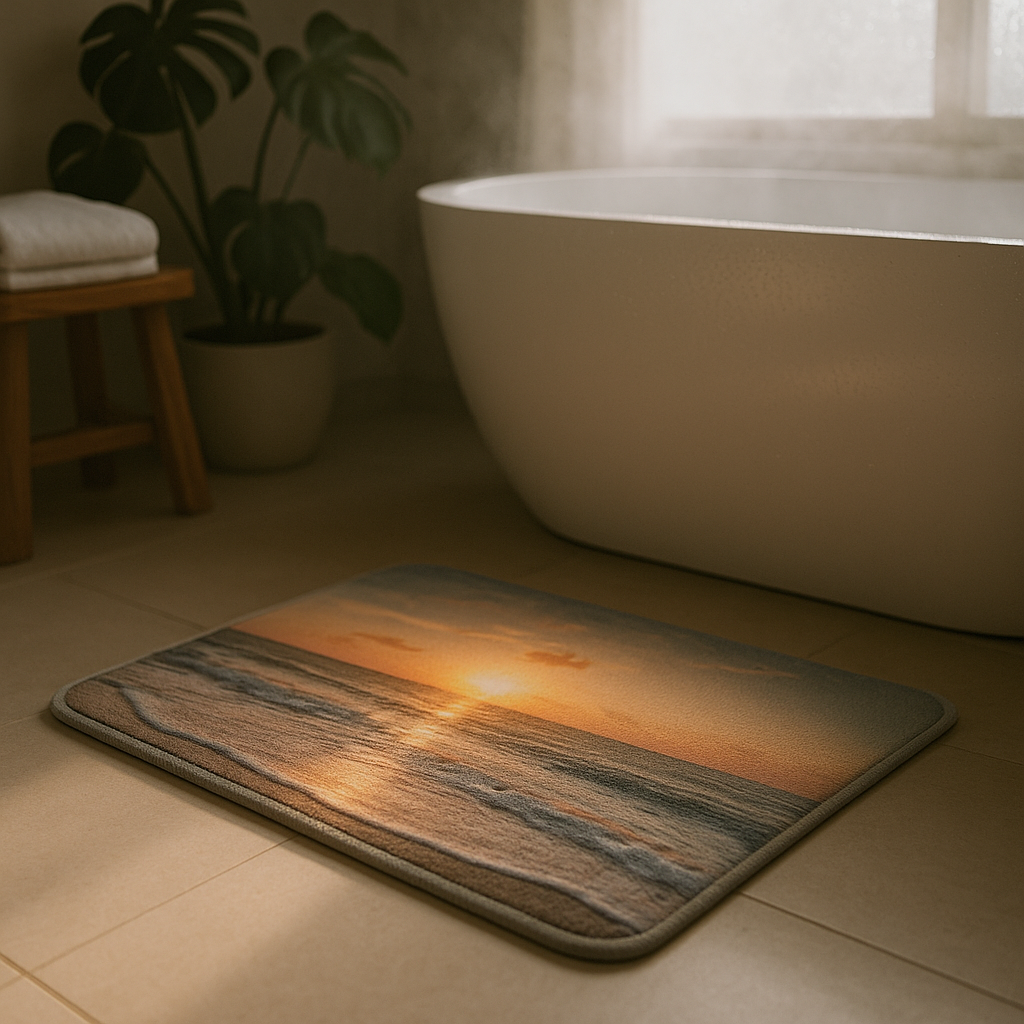 Custom photo bath mat with beach sunrise in a sunlit bathroom — personalized bath rug idea