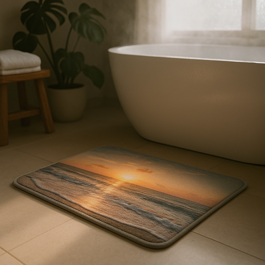 Custom photo bath mat with beach sunrise in a sunlit bathroom — personalized bath rug idea