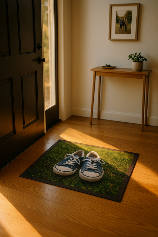 Custom photo doormat at sunrise entryway with family sneaker photo, non-slip, washable.