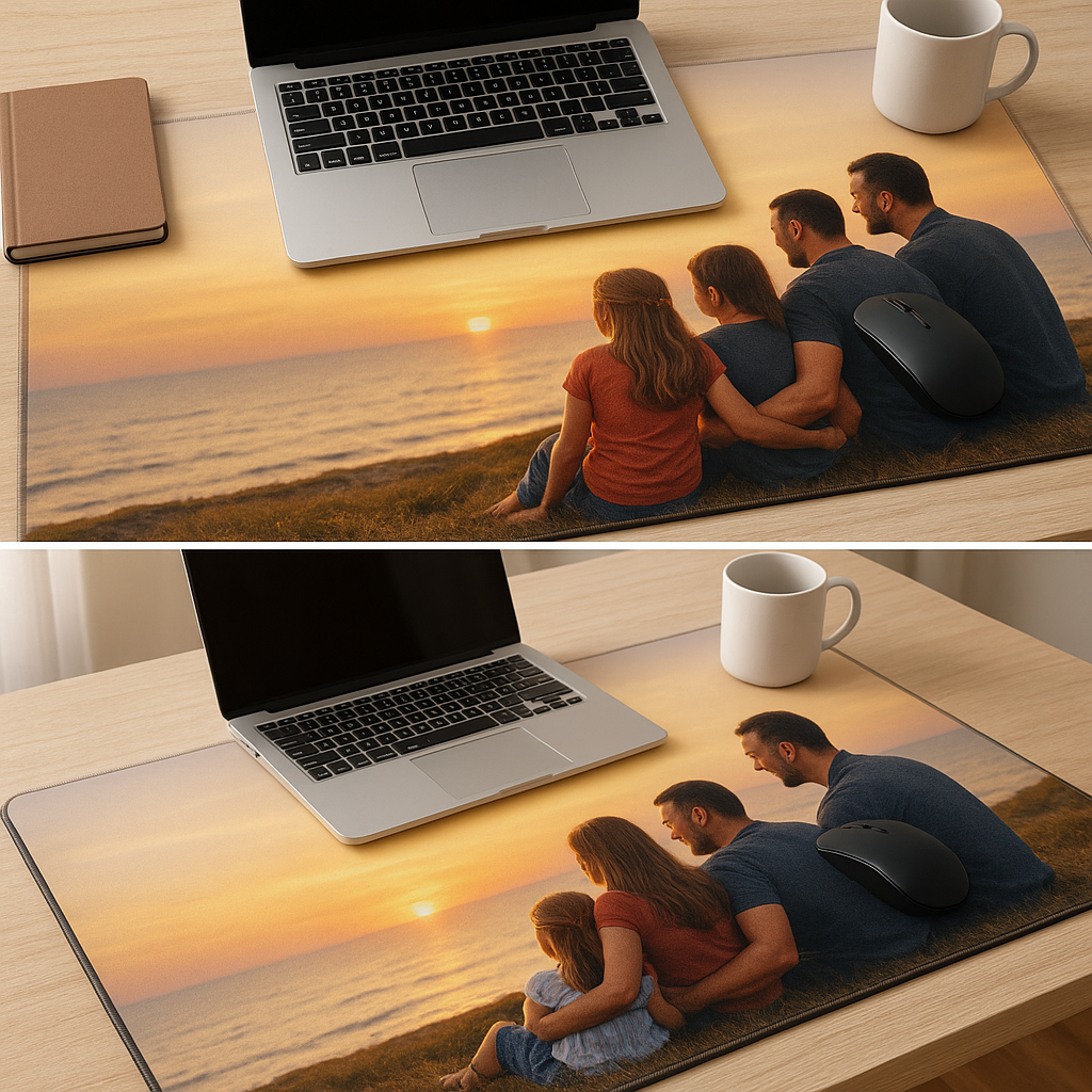 Custom photo desk mat and matching mouse pad on modern workspace, stitched edges, non-slip base
