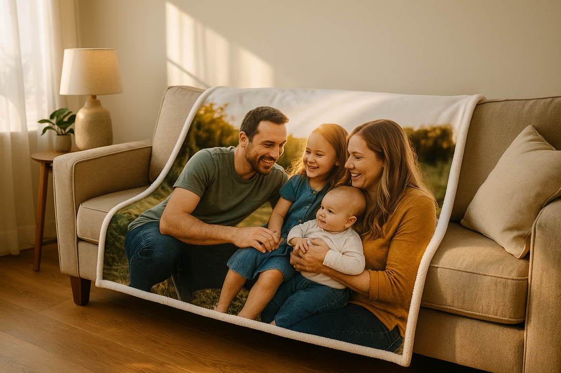 Cozy custom photo blanket draped over sofa with family picture, soft fleece texture Cozy custom photo blanket draped over sofa with family picture, soft fleece texture