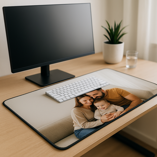 Custom photo desk mat on minimalist workspace with stitched edges and non-slip rubber base