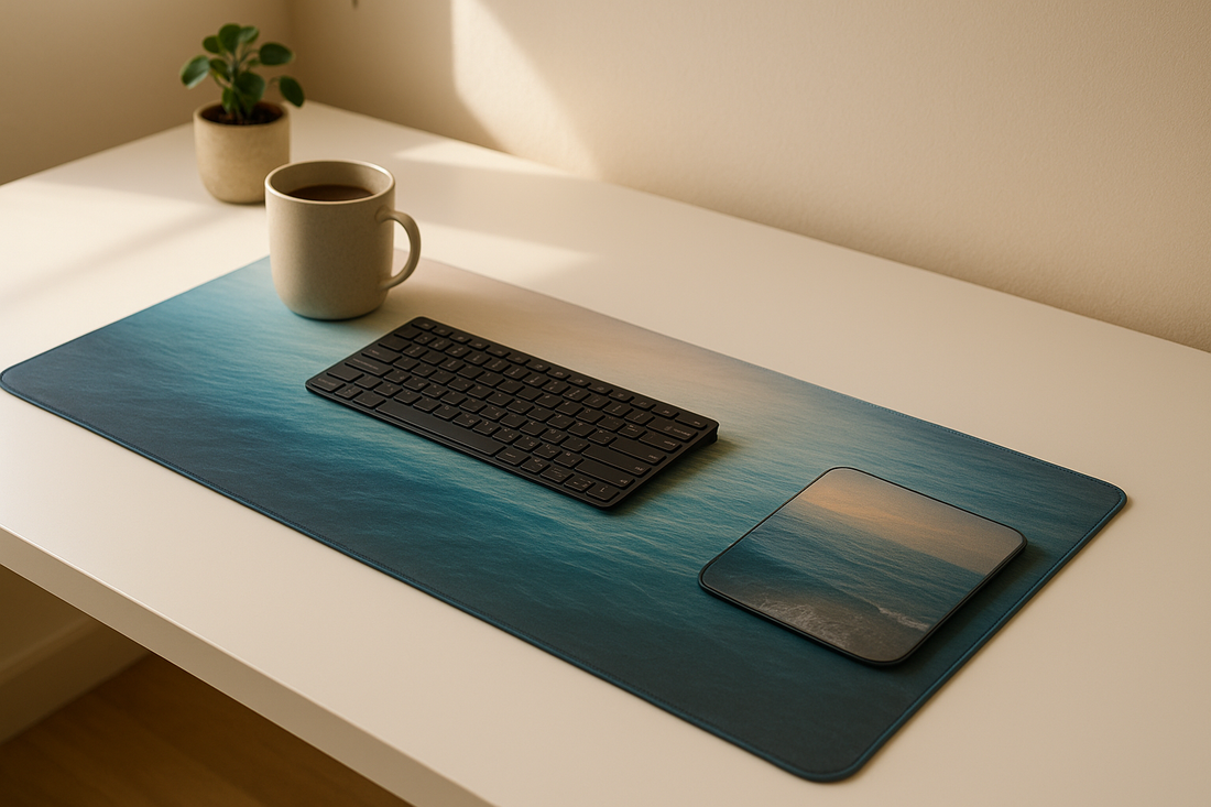 Custom photo desk mat and mouse pad on minimalist workspace in soft daylight