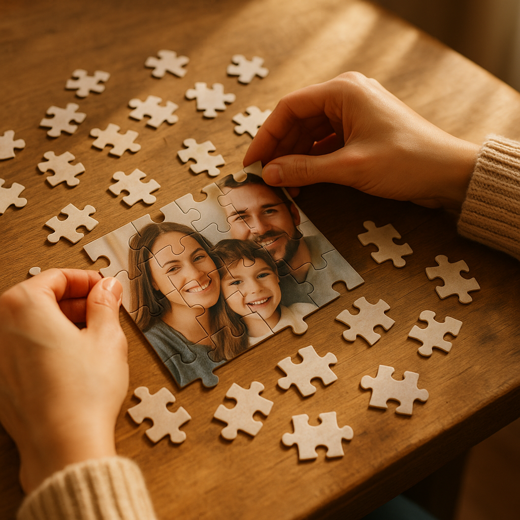 Hands assembling a custom photo puzzle on a wooden table — soft morning light Hands assembling a custom photo puzzle on a wooden table — soft morning light