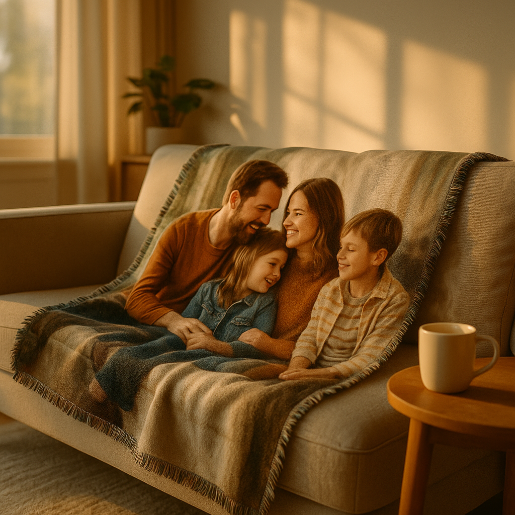 Custom photo blanket on couch at golden hour; family portrait printed edge-to-edge on soft fleece in a cozy living room.
