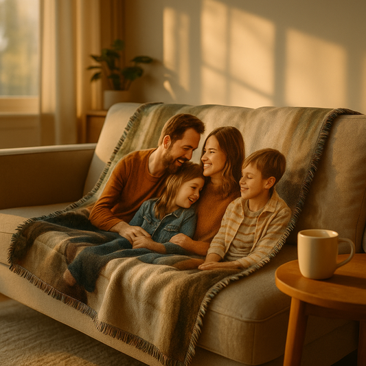 Custom photo blanket on couch at golden hour; family portrait printed edge-to-edge on soft fleece in a cozy living room.