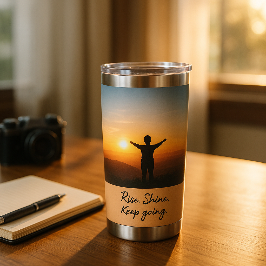 Custom photo tumbler with sunrise memory design on kitchen table