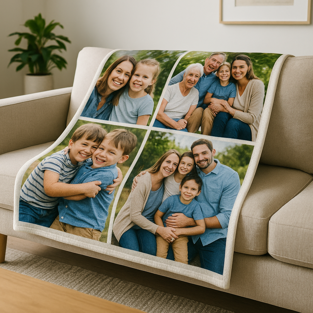 Cozy fleece custom photo blanket draped on a sofa, family collage printed edge-to-edge