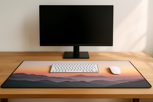 Custom photo desk mat on minimalist workspace, edge-to-edge print, non-slip base