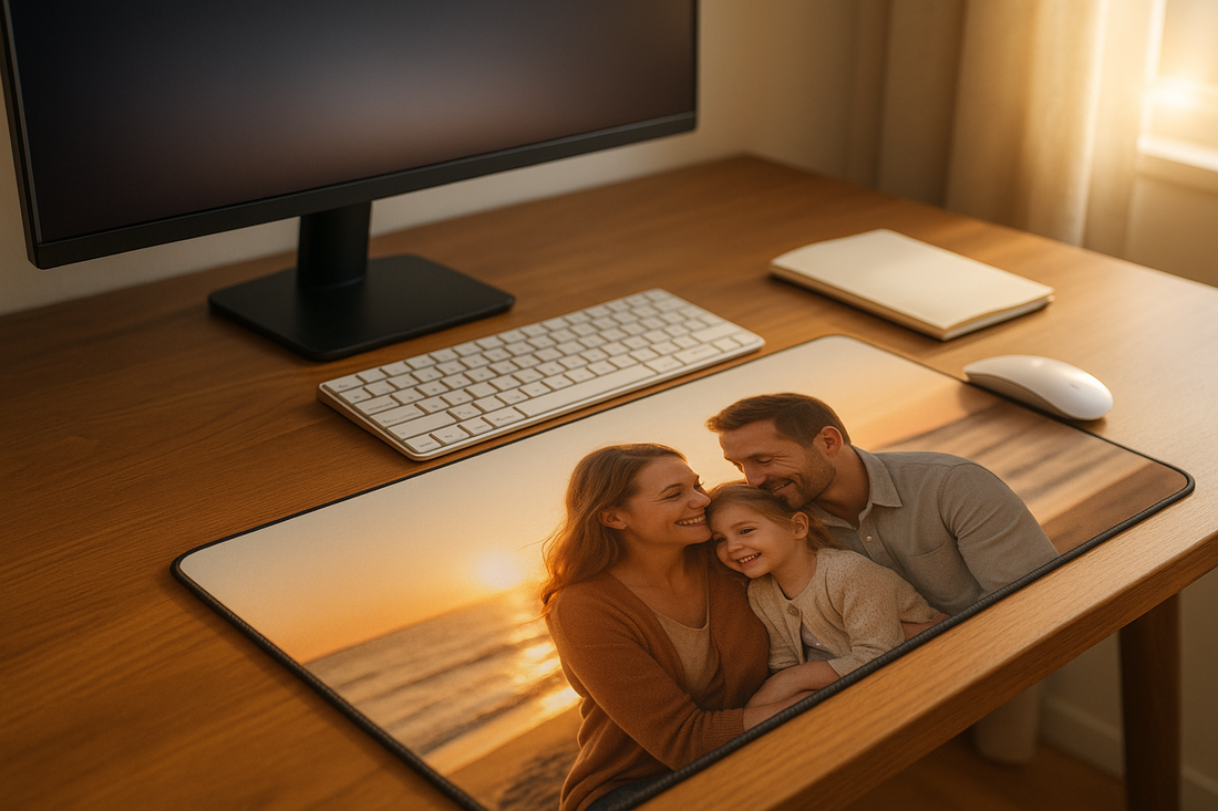 Custom photo desk mat with warm travel image on a minimalist home office desk