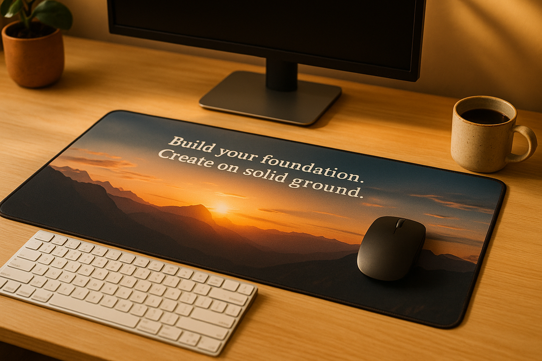 Custom photo desk mat with motivational quote on minimalist desk setup.