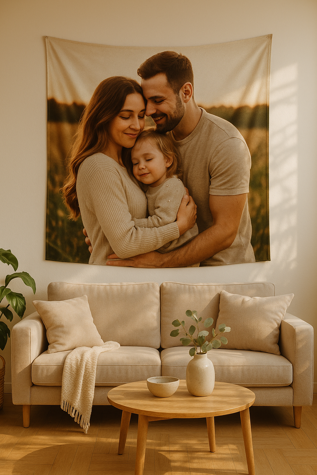 Sunlit living room with custom photo tapestry hanging above a cozy sofa.