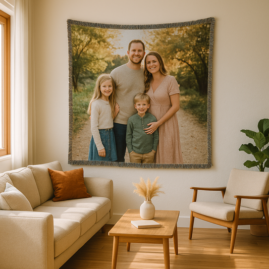 Custom photo tapestry hanging in cozy living room – personalized wall art from Sky High Gallery