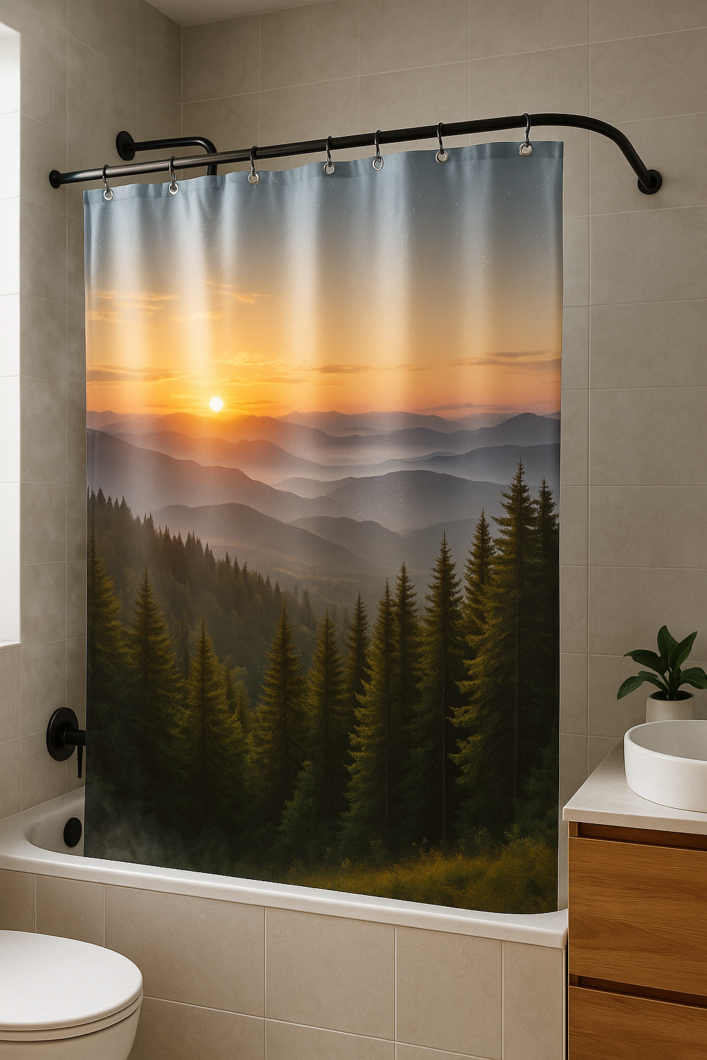 Custom photo shower curtain with mountain sunrise, edge-to-edge print, soft steam and natural light in a modern bathroom