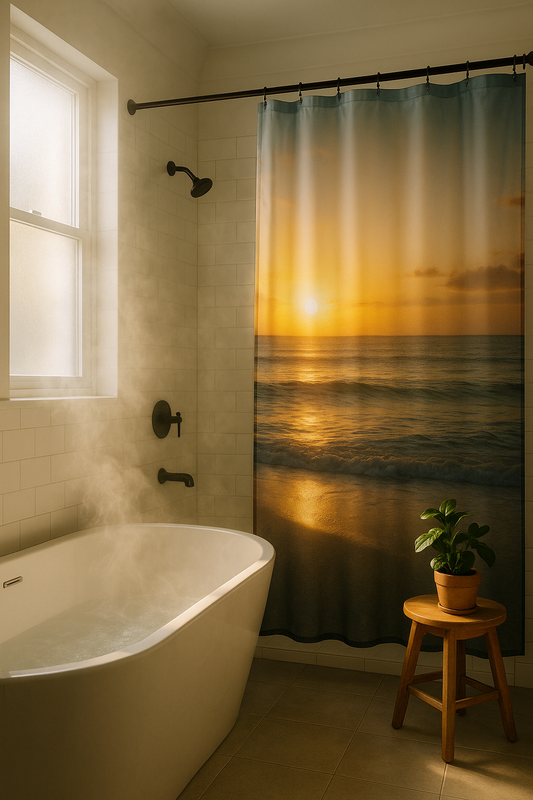 Custom photo shower curtain with sunrise beach image in bright white bathroom