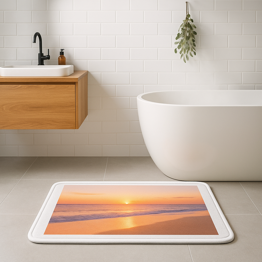 Custom photo bath mat with beach family image on white tile floor next to tub, non-slip backing