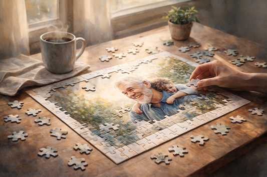Hands assembling a custom photo jigsaw puzzle on a wooden table in warm morning light