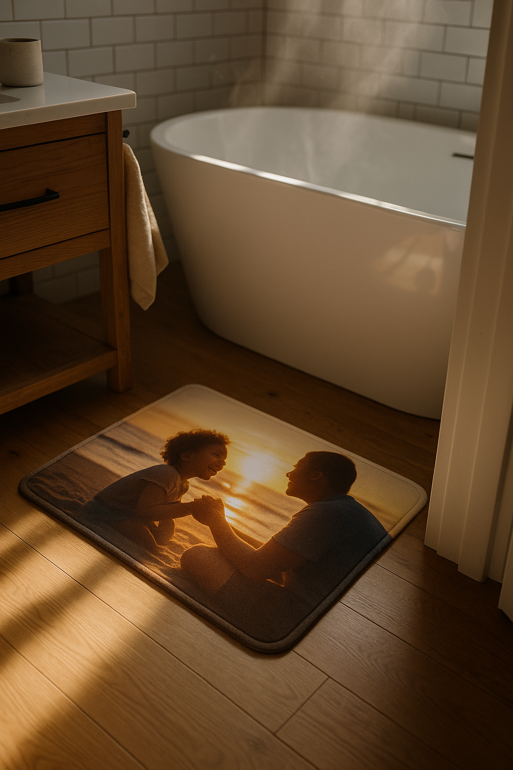 Sunlit bathroom with custom photo bath mat featuring child’s splash photo beside tub, soft steam glow.