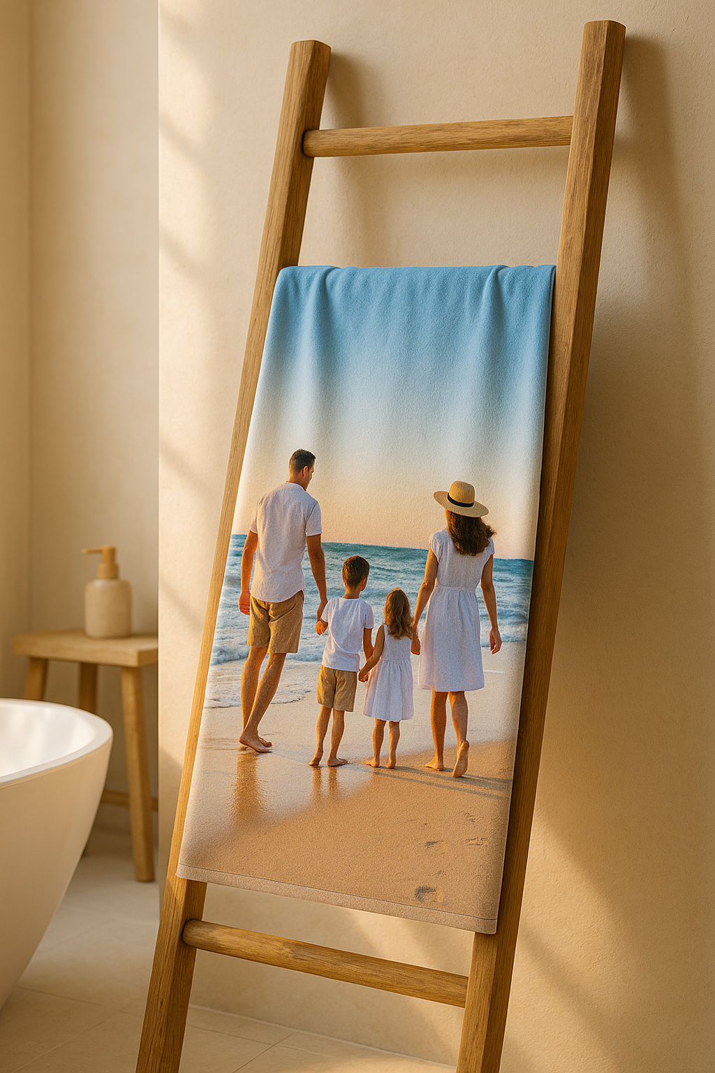 Custom photo body towel with family beach image, edge-to-edge print on quick-dry microfiber/cotton, folded by poolside