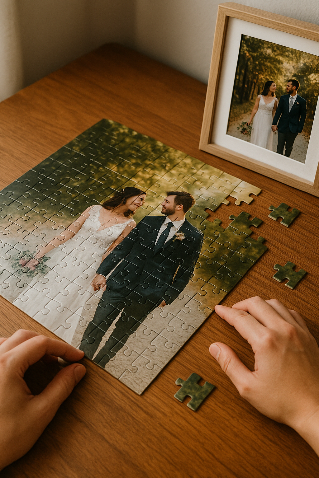 Hands assembling a custom photo puzzle from a wedding photo on a wooden table.