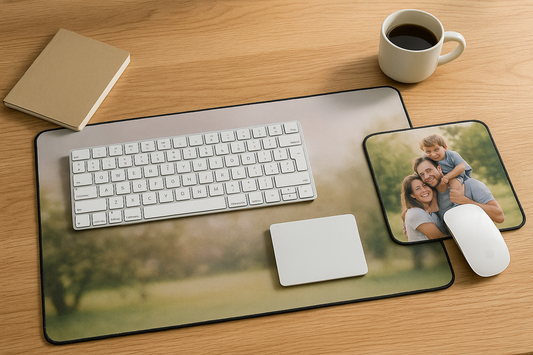 Custom photo desk mat and mouse pad set on minimalist oak desk with keyboard, notebook, and mug, soft daylight.