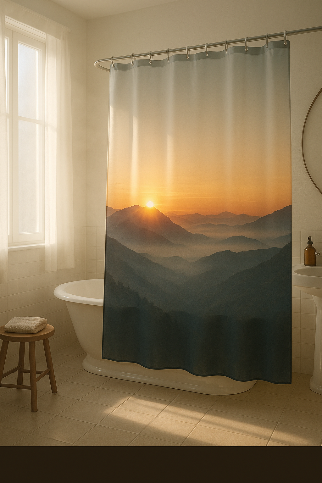 Sunlit bathroom with custom photo shower curtain featuring mountain sunrise