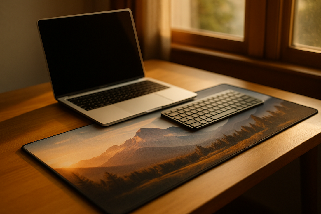 Custom photo desk mat on clean home office desk with laptop, showing vivid print and smooth tracking surface
