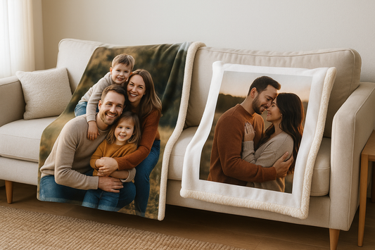 Custom photo blanket draped on a couch with vivid full-bleed print