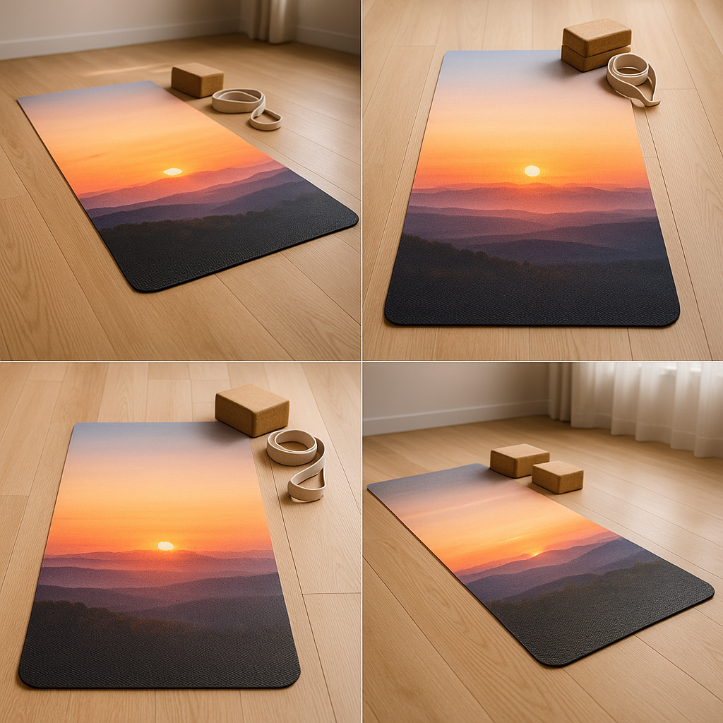 Custom photo yoga mat on studio floor with sunrise landscape, grippy non-slip texture and cushioned base visible beside yoga blocks and towel.